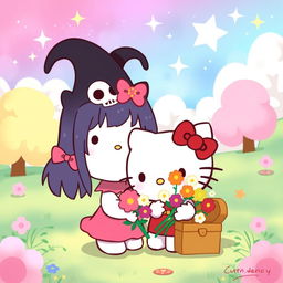 A cute and whimsical illustration featuring Hello Kitty and Kuromi engaging in a fun activity together
