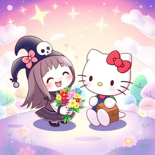 A cute and whimsical illustration featuring Hello Kitty and Kuromi engaging in a fun activity together