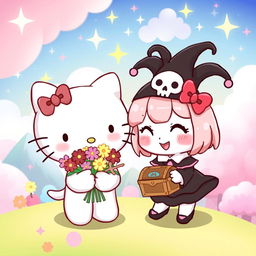 A cute and whimsical illustration featuring Hello Kitty and Kuromi engaging in a fun activity together
