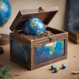 Create a detailed, realistic image of a large treasure box with Planet Earth inside, guarded by two figures. Incorporate a background with strong environmental themes to enhance the representation of nature's value.