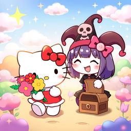 A cute and whimsical illustration featuring Hello Kitty and Kuromi engaging in a fun activity together