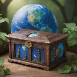 Create a detailed, realistic image of a large treasure box with Planet Earth inside, guarded by two figures. Incorporate a background with strong environmental themes to enhance the representation of nature's value.