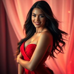 A very attractive and alluring woman with long flowing hair, wearing a stunning red dress that hugs her curves, standing confidently against a soft, dreamy background with romantic lighting