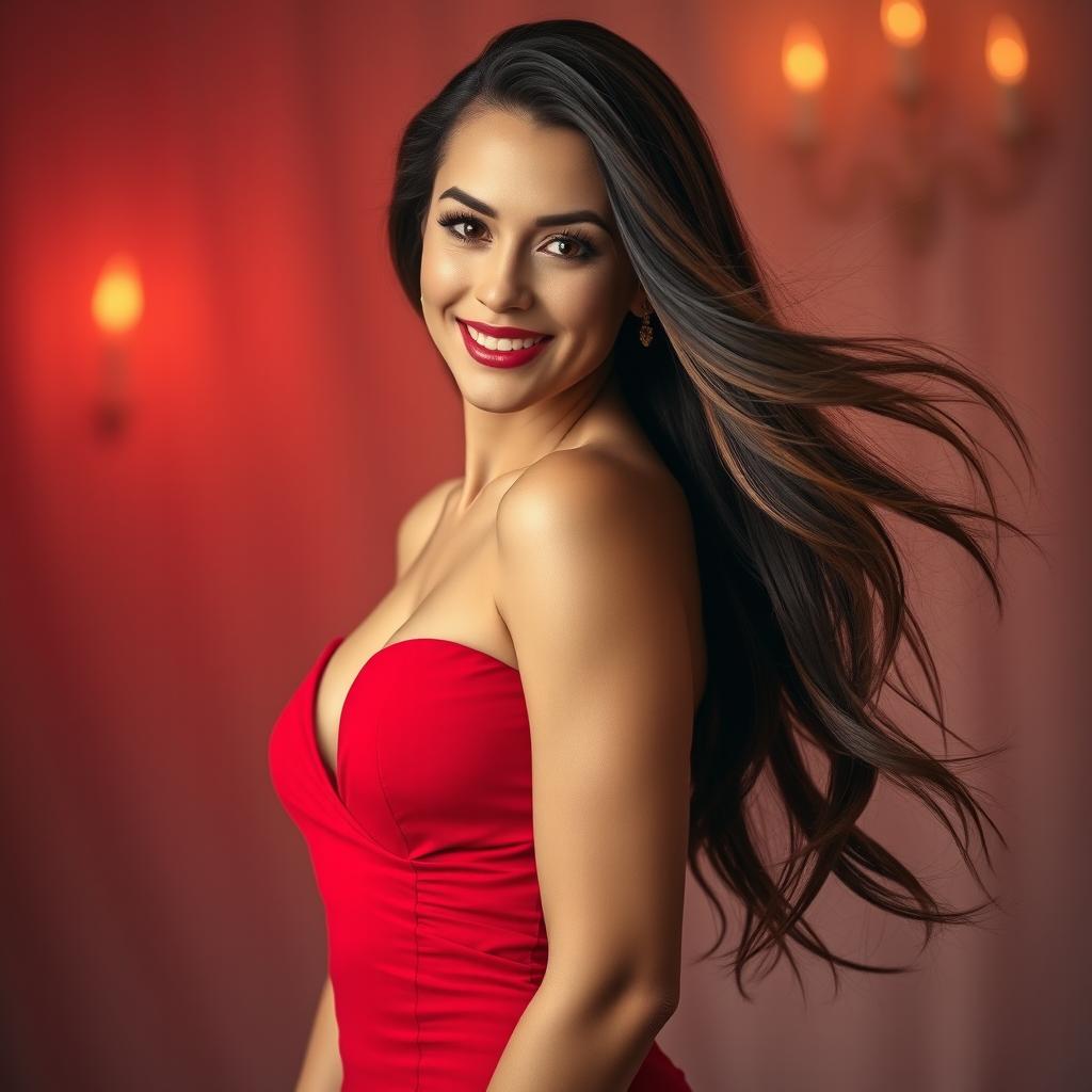 A very attractive and alluring woman with long flowing hair, wearing a stunning red dress that hugs her curves, standing confidently against a soft, dreamy background with romantic lighting