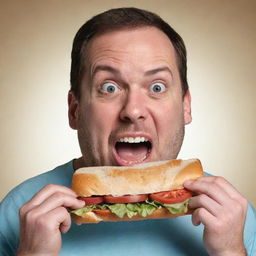 A comedic illustration of an exaggeratedly hungry man, his eyes bulging, mouth watering, and stomach grumbling, as he excitedly eyes a massive sandwich.