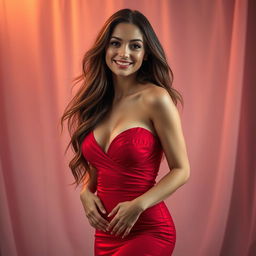 A very attractive and alluring woman with long flowing hair, wearing a stunning red dress that hugs her curves, standing confidently against a soft, dreamy background with romantic lighting