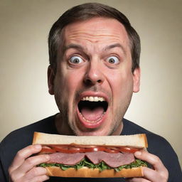 A comedic illustration of an exaggeratedly hungry man, his eyes bulging, mouth watering, and stomach grumbling, as he excitedly eyes a massive sandwich.