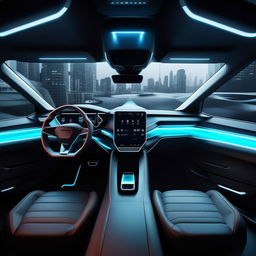 Driver's cabin of a 4-door, futuristic SUV portraying state-of-the-art tech innovations and sleek modern design.