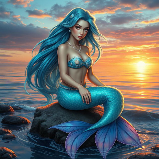 A captivating and enchanting scene featuring Marina Tide, a stunning siren of the sea, beautifully depicted with soft, flowing curves that mimic the gentle ebb and flow of ocean waves