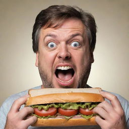 A comedic illustration of an exaggeratedly hungry man, his eyes bulging, mouth watering, and stomach grumbling, as he excitedly eyes a massive sandwich.