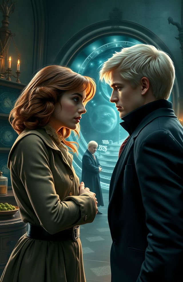 An intense scene depicting Hermione Granger and Draco Malfoy in the Room of Requirement, their expressions filled with passion and conflict