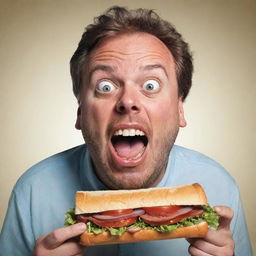 A comedic illustration of an exaggeratedly hungry man, his eyes bulging, mouth watering, and stomach grumbling, as he excitedly eyes a massive sandwich.