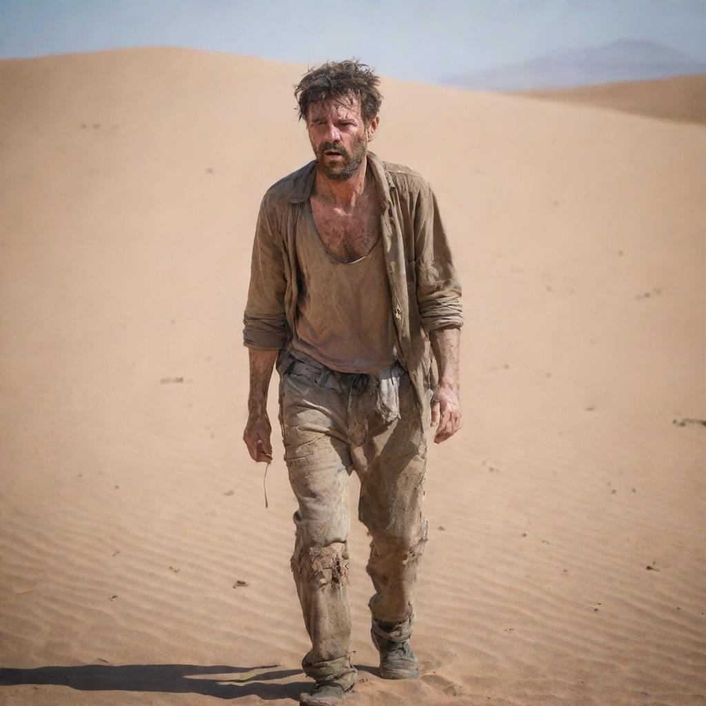 A man in a desert, his clothes dirty and ragged, desperately searching for water, an expression of extreme thirst on his face.