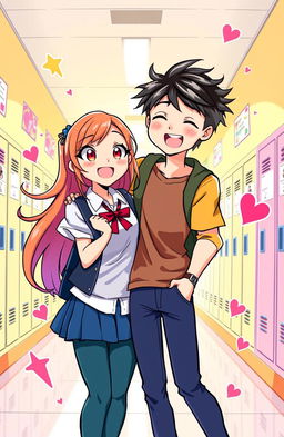 A vibrant and colorful illustration of two high school students in a playful and dynamic pose