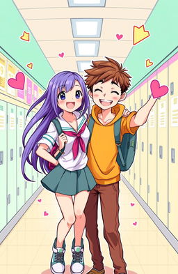 A vibrant and colorful illustration of two high school students in a playful and dynamic pose