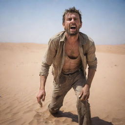 A man in a desert, his clothes dirty and ragged, desperately searching for water, an expression of extreme thirst on his face.