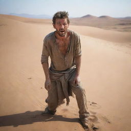 A man in a desert, his clothes dirty and ragged, desperately searching for water, an expression of extreme thirst on his face.