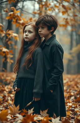 A hauntingly beautiful autumn scene featuring a girl with vibrant ginger hair and a boy with rich brown hair