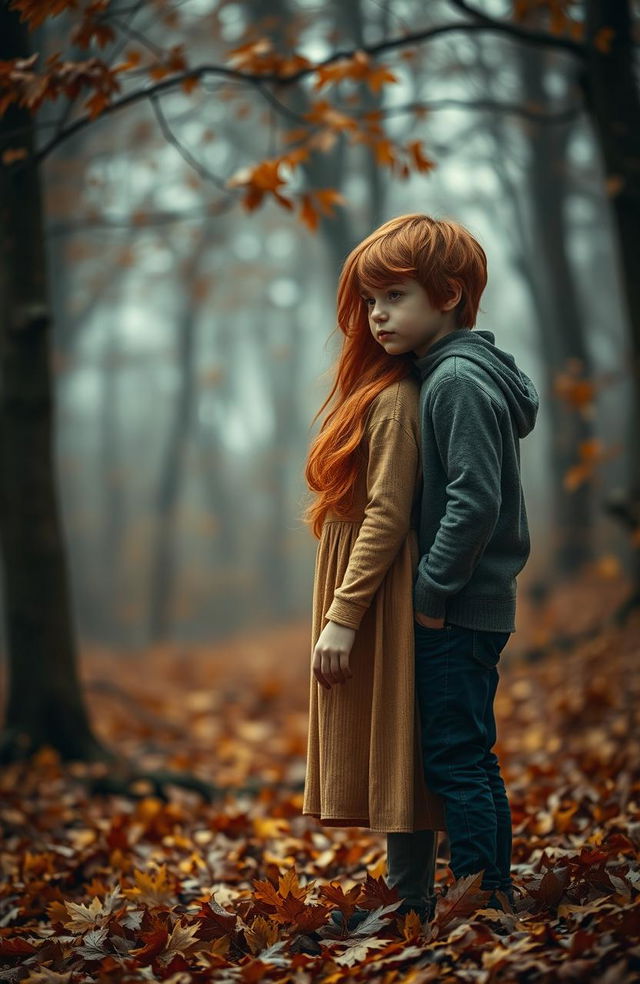 A hauntingly beautiful autumn scene featuring a girl with vibrant ginger hair and a boy with rich brown hair