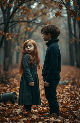A hauntingly beautiful autumn scene featuring a girl with vibrant ginger hair and a boy with rich brown hair