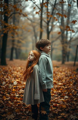 A hauntingly beautiful autumn scene featuring a girl with vibrant ginger hair and a boy with rich brown hair
