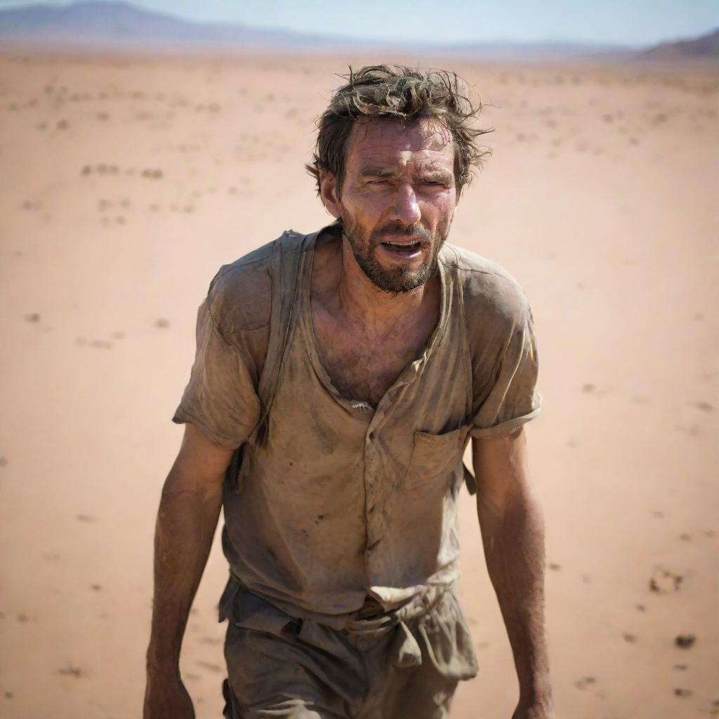 A man in a desert, his clothes dirty and ragged, desperately searching for water, an expression of extreme thirst on his face.