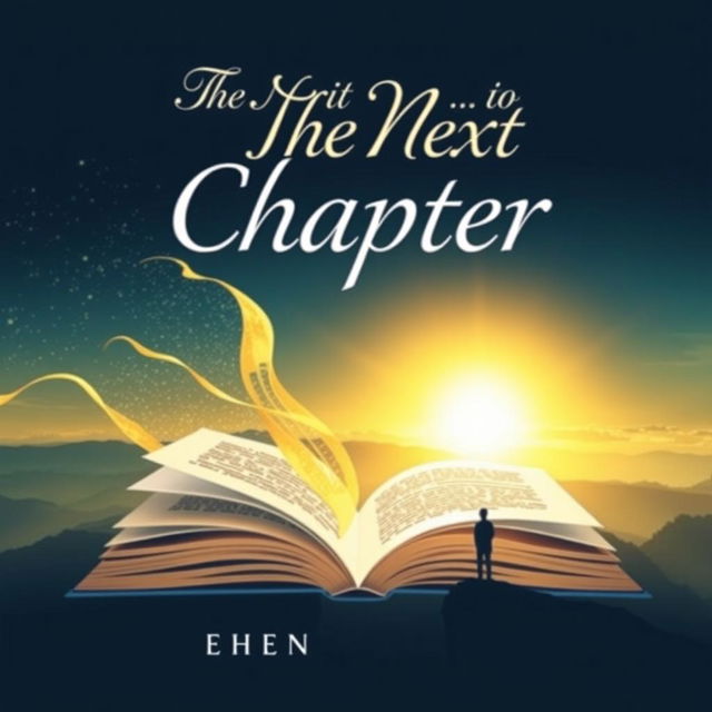 A visually striking novel cover design for 'The Next Chapter', featuring an open book with pages flowing into the air, transitioning into a beautiful landscape that represents new beginnings