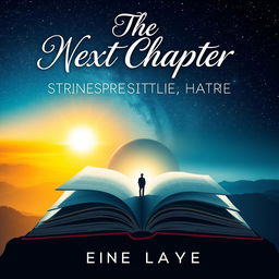 A visually striking novel cover design for 'The Next Chapter', featuring an open book with pages flowing into the air, transitioning into a beautiful landscape that represents new beginnings