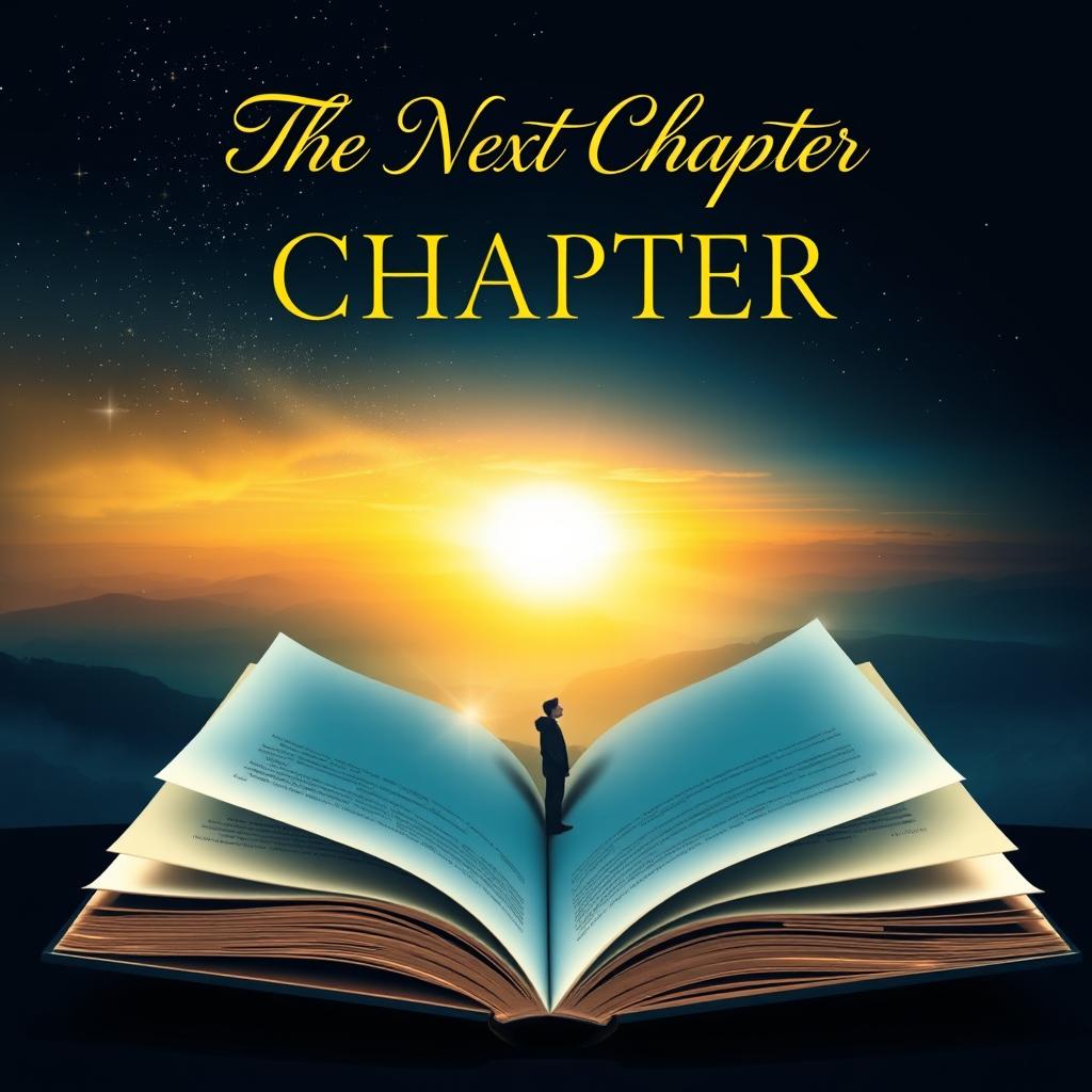 A visually striking novel cover design for 'The Next Chapter', featuring an open book with pages flowing into the air, transitioning into a beautiful landscape that represents new beginnings