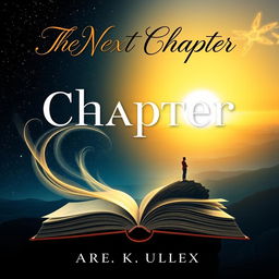 A visually striking novel cover design for 'The Next Chapter', featuring an open book with pages flowing into the air, transitioning into a beautiful landscape that represents new beginnings