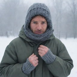 A man in a winter environment, shivering heavily, bundled up in multiple layers of clothing, with a look of discomfort due to the biting cold.