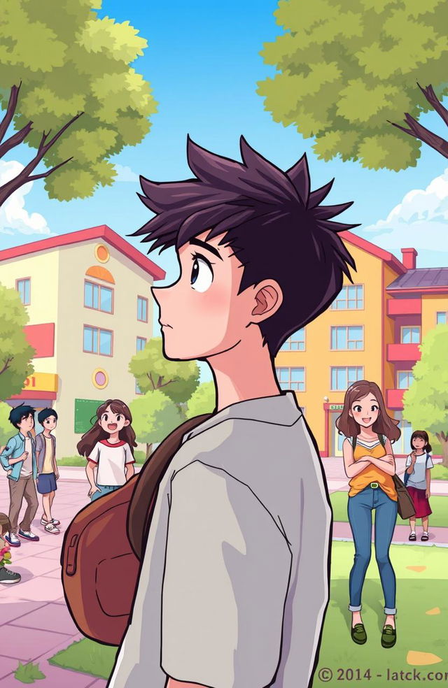 A cartoon cover illustration featuring a young man gazing at his crush from a distance