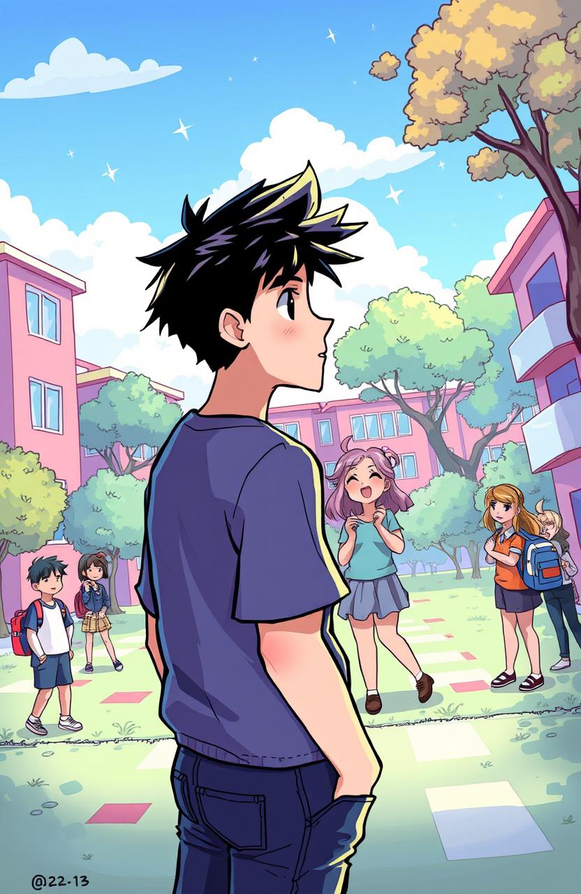 A cartoon cover illustration featuring a young man gazing at his crush from a distance