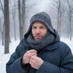 A man in a winter environment, shivering heavily, bundled up in multiple layers of clothing, with a look of discomfort due to the biting cold.