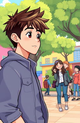 A cartoon cover illustration featuring a young man gazing at his crush from a distance