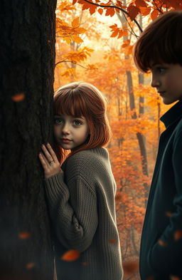 A captivating scene featuring a girl with auburn hair and a boy with brown hair, set in an enchanting autumn landscape