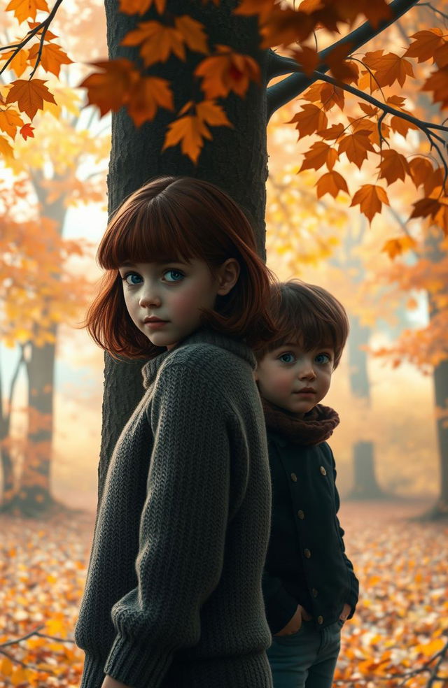 A captivating scene featuring a girl with auburn hair and a boy with brown hair, set in an enchanting autumn landscape