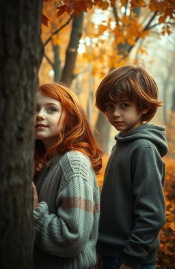 A captivating scene featuring a girl with auburn hair and a boy with brown hair, set in an enchanting autumn landscape