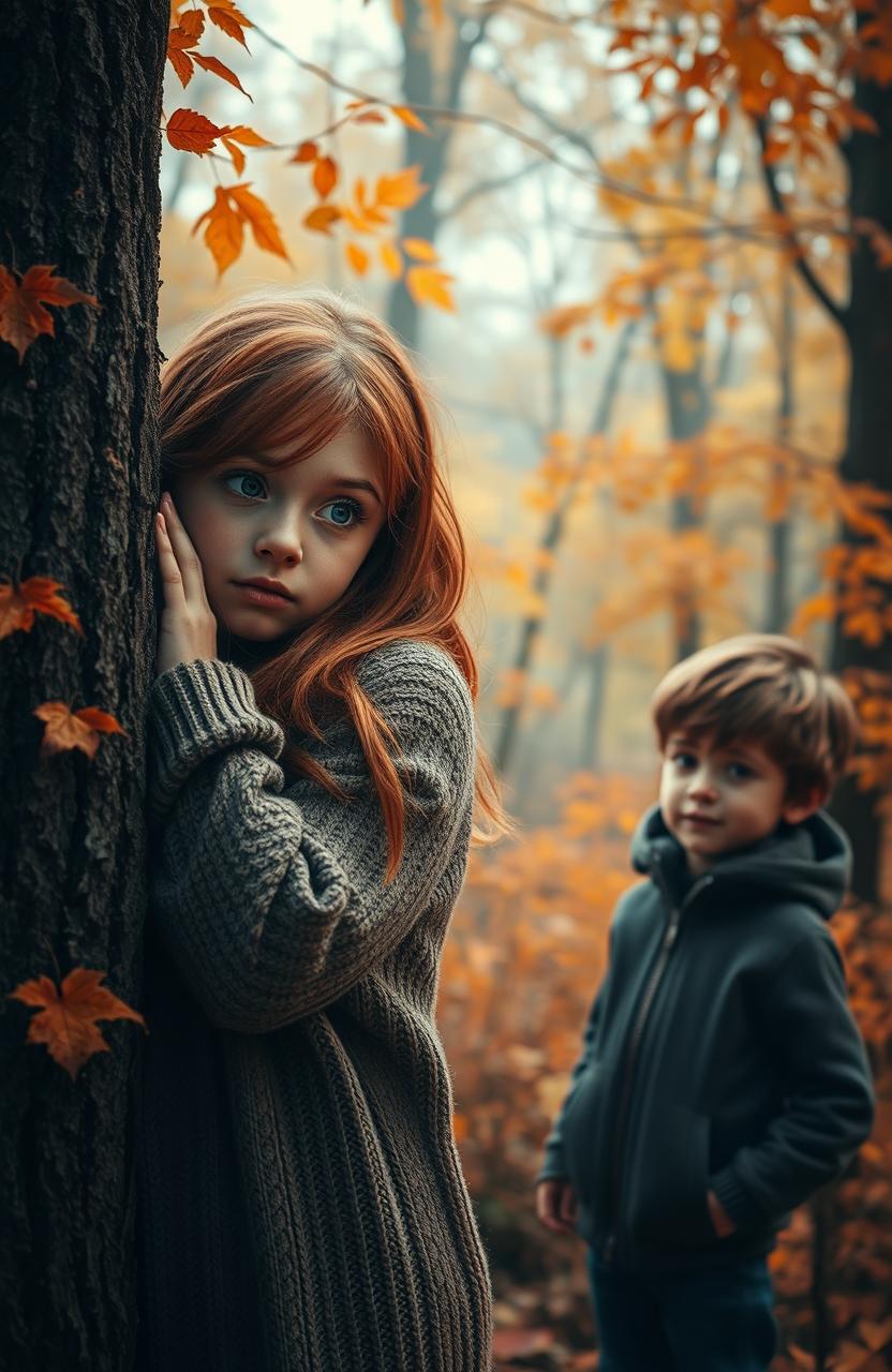 A captivating scene featuring a girl with auburn hair and a boy with brown hair, set in an enchanting autumn landscape