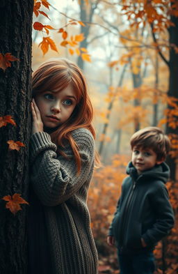 A captivating scene featuring a girl with auburn hair and a boy with brown hair, set in an enchanting autumn landscape