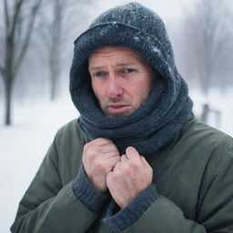 A man in a winter environment, shivering heavily, bundled up in multiple layers of clothing, with a look of discomfort due to the biting cold.