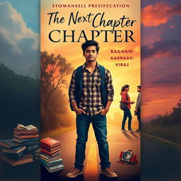 A captivating novel cover design for 'The Next Chapter', featuring a central figure of a young man, Raghav, depicted in a thoughtful pose as he stands at a crossroads surrounded by symbols of college life such as textbooks, a laptop, and a coffee cup