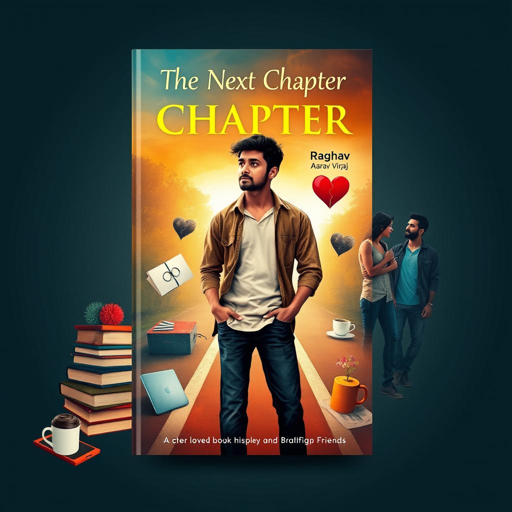 A captivating novel cover design for 'The Next Chapter', featuring a central figure of a young man, Raghav, depicted in a thoughtful pose as he stands at a crossroads surrounded by symbols of college life such as textbooks, a laptop, and a coffee cup