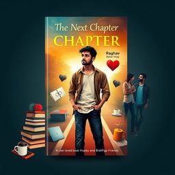 A captivating novel cover design for 'The Next Chapter', featuring a central figure of a young man, Raghav, depicted in a thoughtful pose as he stands at a crossroads surrounded by symbols of college life such as textbooks, a laptop, and a coffee cup