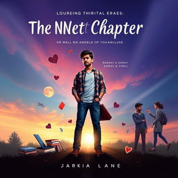 A captivating novel cover design for 'The Next Chapter', featuring a central figure of a young man, Raghav, depicted in a thoughtful pose as he stands at a crossroads surrounded by symbols of college life such as textbooks, a laptop, and a coffee cup