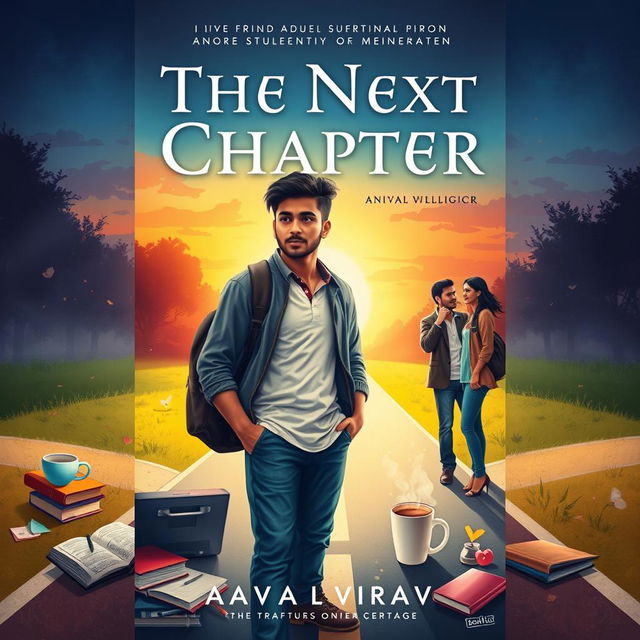 A captivating novel cover design for 'The Next Chapter', featuring a central figure of a young man, Raghav, depicted in a thoughtful pose as he stands at a crossroads surrounded by symbols of college life such as textbooks, a laptop, and a coffee cup