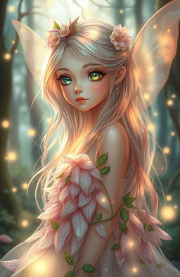 A beautiful, ethereal fairy-like girl with delicate features and twinkling, sparkling eyes
