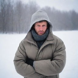 A man in a winter environment, shivering heavily, bundled up in multiple layers of clothing, with a look of discomfort due to the biting cold.