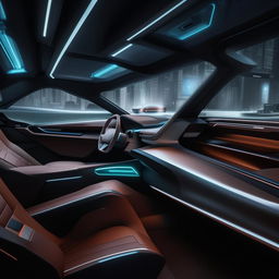 Driver's cabin of a 4-door, futuristic SUV portraying state-of-the-art tech innovations and sleek modern design.