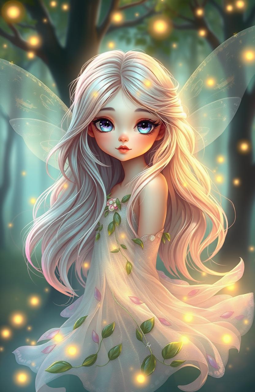 A beautiful, ethereal fairy-like girl with delicate features and twinkling, sparkling eyes